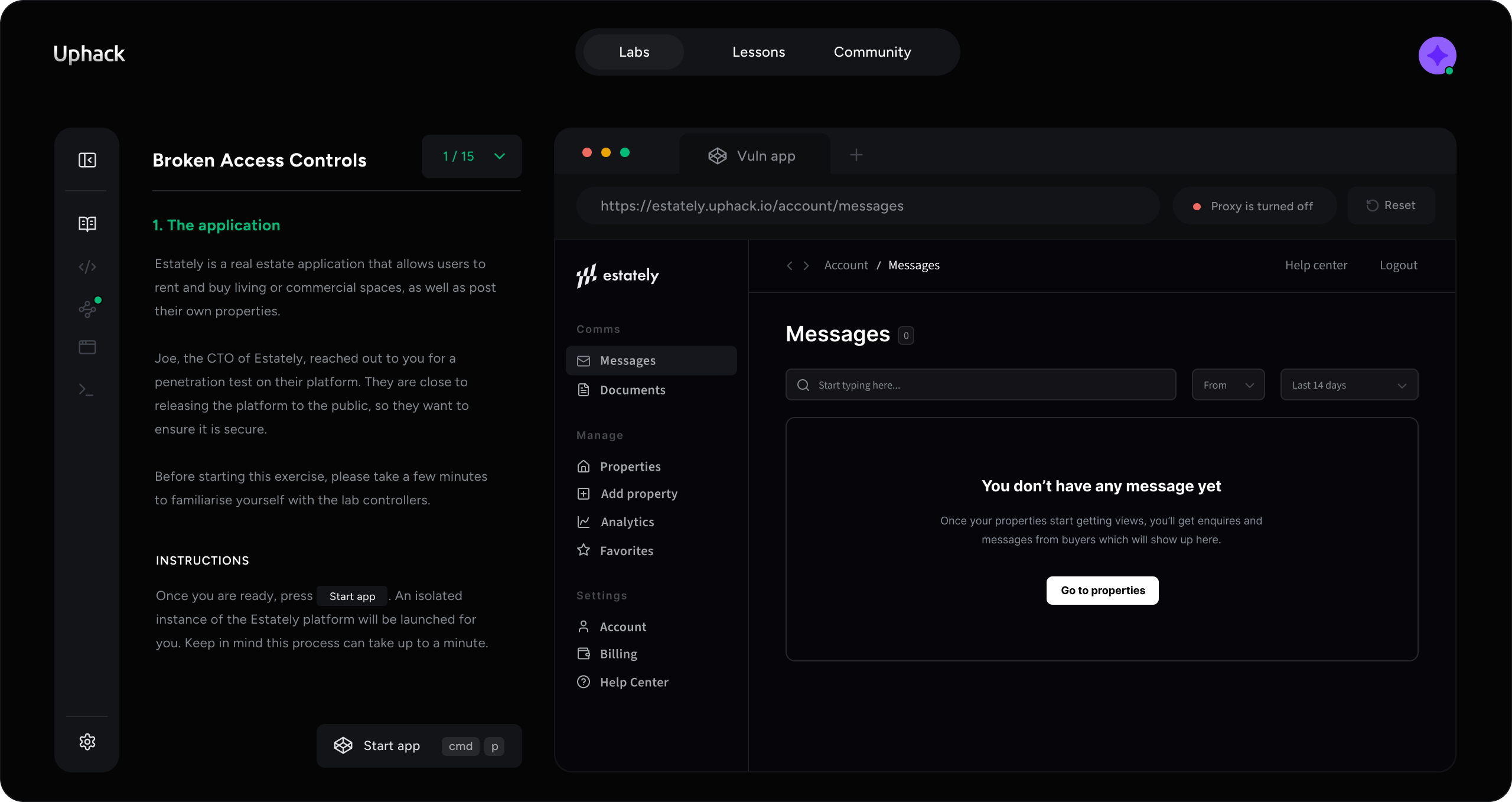 A Uphack lab open in the browser, showing a realistic application alongside the guided investigation panel