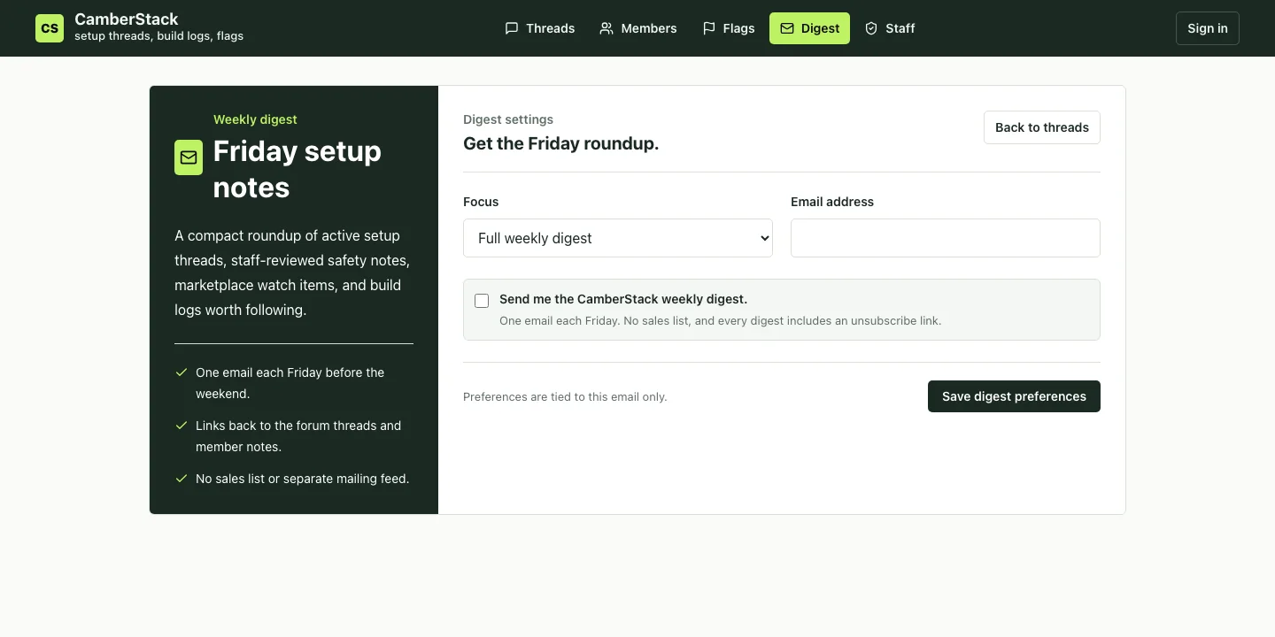 CamberStack weekly digest page with a focus selector, email field, consent checkbox and save button