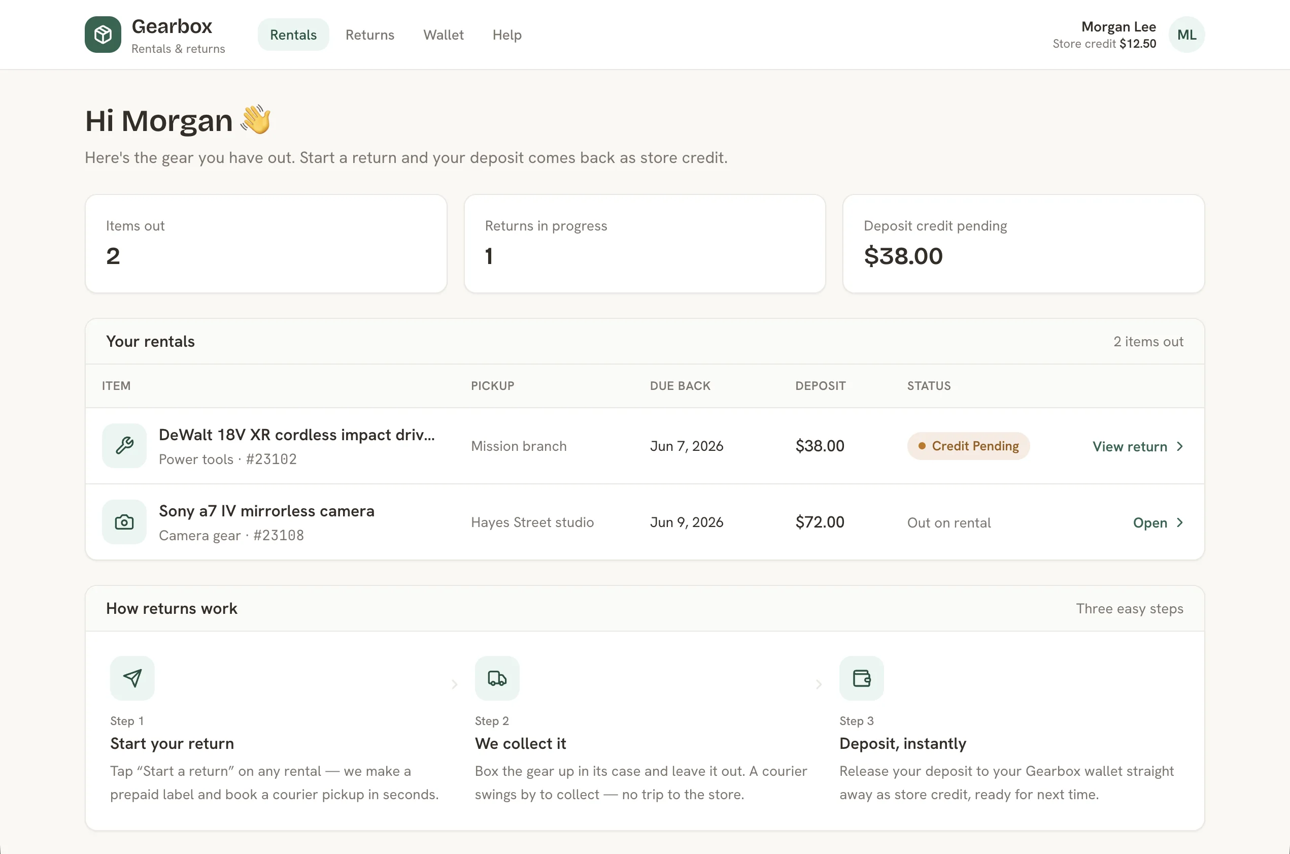 Gearbox Returns dashboard for Morgan Lee showing two rentals, a $12.50 store-credit balance and a $38 deposit credit pending