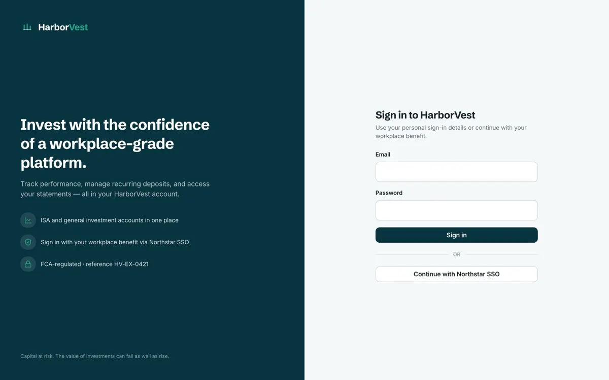 HarborVest sign-in page offering an email and password form alongside Northstar workplace SSO