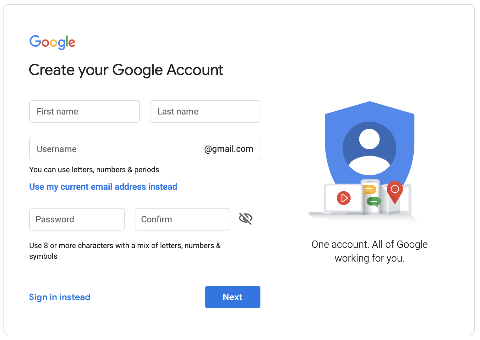 The Google account sign-up form asking for first name, last name, username and password