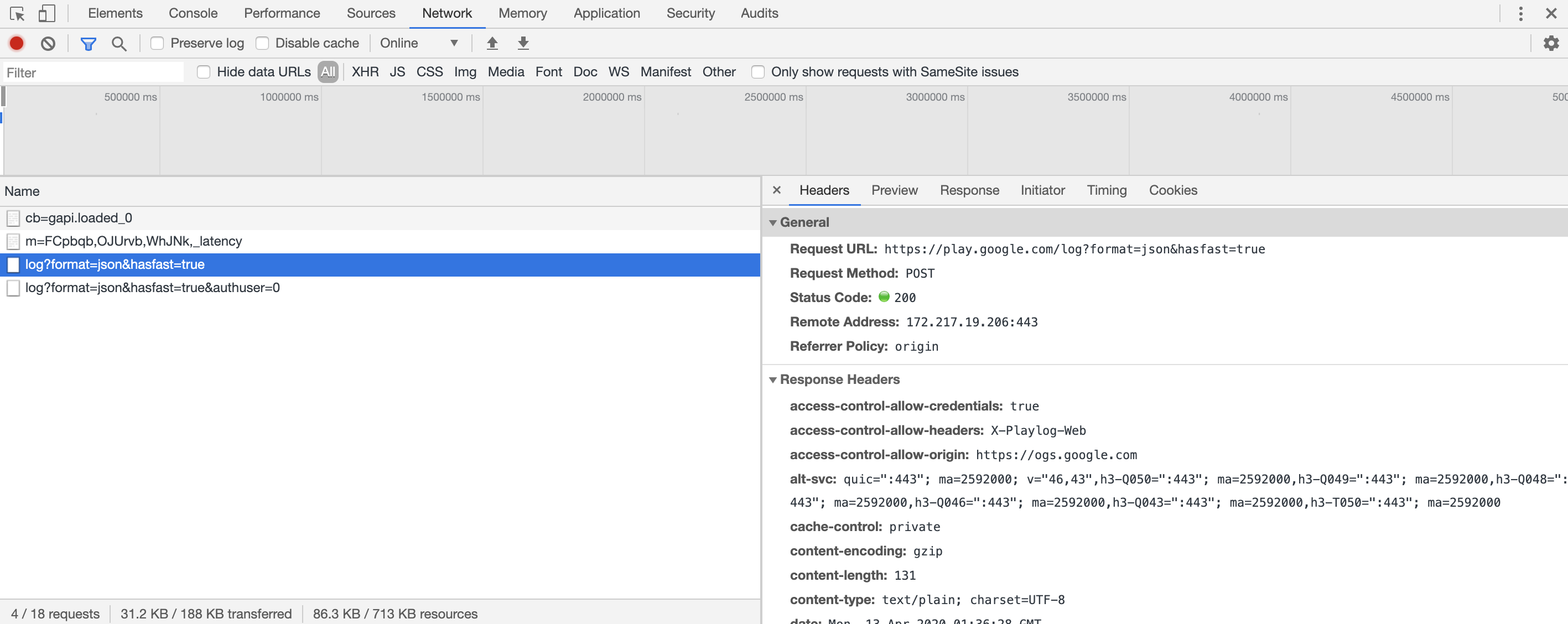 Chrome DevTools open on the Network tab, listing each request with its method, status, type and timing