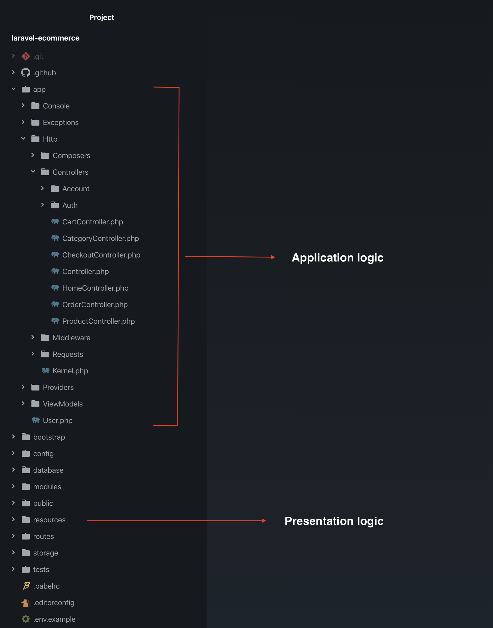 A file tree of a single Laravel project, with app, config, database, public and resources directories all under one root