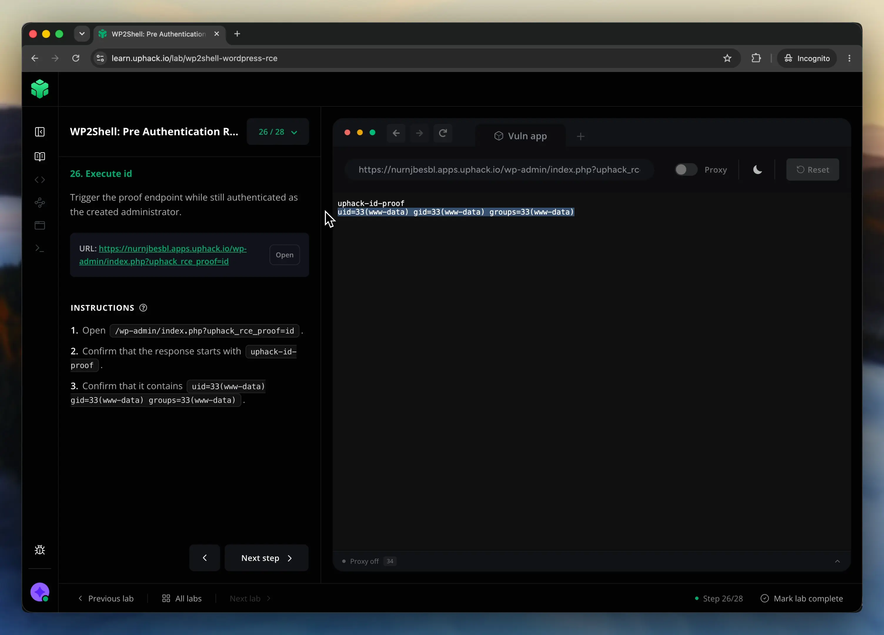The WP2Shell lab at step 26 of 28, showing id running as www-data on the WordPress host after the proof plugin is uploaded